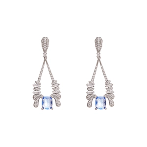 Vintage style drop earrings with rectangular sapphire stone and zircon in silver finish