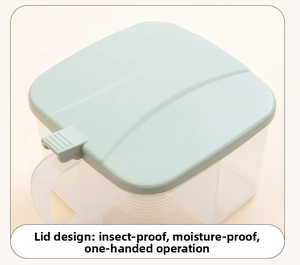 Detail of green kitchen spice box with ergonomic handle and easy press-to-open lid