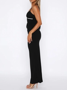 Detailed shot of Y2K bodycon dress featuring white lace trim and high side slit