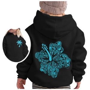 Kids black hoodie with blue Chasing Sunsets tropical print and floral back graphic