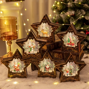 Boule à Neige de Noël en Forme d'Étoile Lumière LED Finition Bronze Rétro Ornement de Bureau Père Noël Bonhomme de Neige Renne Cadeau de Noël