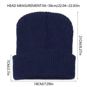 Detailed size chart for the striped knit beanie showing head circumference and height
