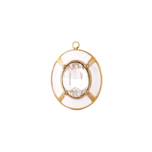 Elegant gold oval pendant with white enamel and clear oval cubic zirconia on white background