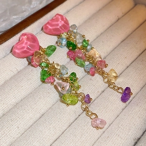 Colorful floral tassel drop earrings with pink heart stone and mixed gemstone beads