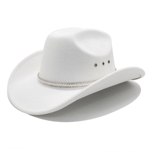 Detail of white western cowboy hat featuring dual rows of pearls and metal air vents