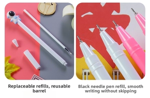 Macro view of refillable astronaut gel pen with black needle-tube tip and smooth ink flow