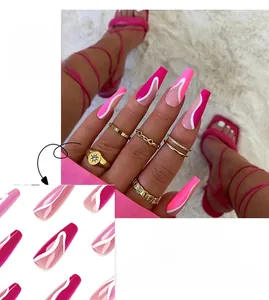 Macro detail of long ballerina nails with rose pink and white French wave patterns