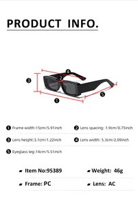 Detailed size guide for modern retro square sunglasses showing frame and lens dimensions
