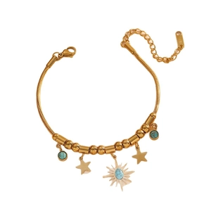 Vintage stainless steel sun and star snake chain bracelet with turquoise stone charms