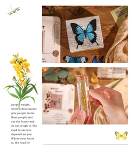 Macro shot of vintage butterfly and floral stickers on wood and minimal white backgrounds