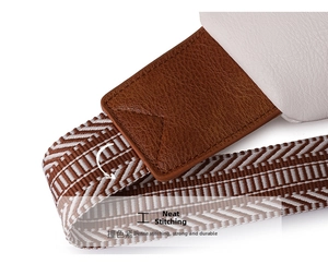 Close-up of durable contrast stitching on white lychee pattern leather and woven strap