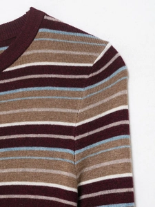 Close-up detail of a striped knit top showing multi-color texture and fine stitching