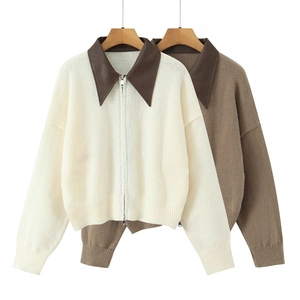 Women Knit Cardigan Faux Leather Contrast Collar Zipper Front Long Sleeve Retro Casual Street Style Sweater