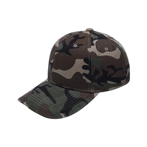 Detail view of the durable woodland camouflage baseball cap with six-panel structure