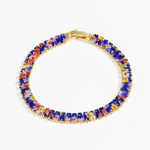Bohemian gold bracelet with blue and red rectangular millefiori glass crystals