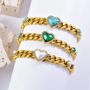 Stainless Steel Heart Charm Cuban Link Bracelet With Imitation Artificial Pearl Turquoise And Rhinestone For Women Fashion