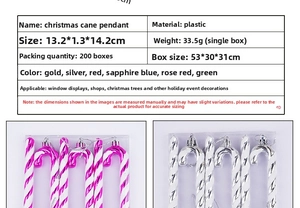Close-up of pink and silver candy cane Christmas ornaments with detailed size chart