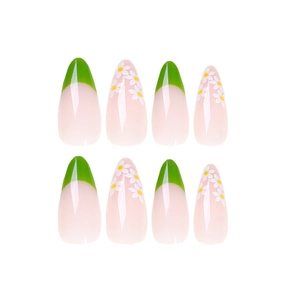 Short almond press-on nails with green French tips and white daisy floral patterns