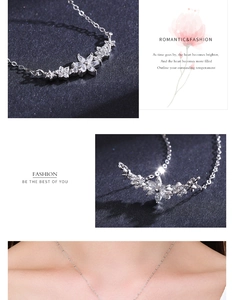 Macro shot and model view of s925 sterling silver floral necklace with zircons