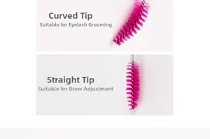 Macro view of straight and curved pink eyelash brushes for eyebrow grooming and lash styling