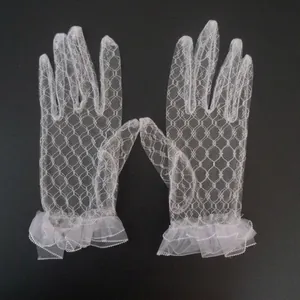 Elegant white lace wedding gloves with vintage mesh floral pattern and ruffled cuffs