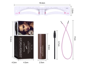 Detailed dimensions of brow powder kit including stencil, brush, and elastic strap