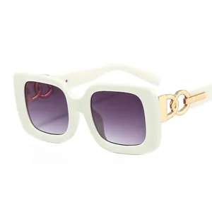White square frame sunglasses with purple gradient lenses and gold chain metal temples