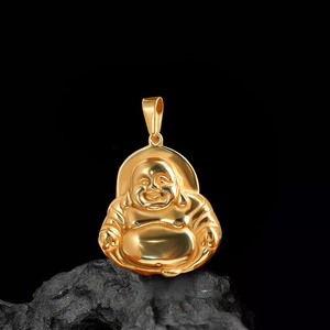 Gold-plated Laughing Buddha pendant crafted in stainless steel on a black stone base