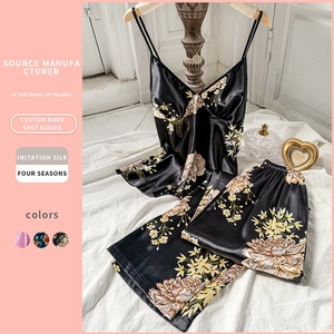 Women Pajama Cami Top And Pants Imitation Satin Floral Print Satin Sleepwear V-Neck Sleeveless Loungewear
