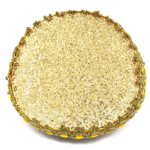 Sparkling gold sequin flat top party hat with amber gemstones and lace detailing