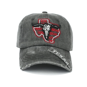 Classic American vintage washed grey baseball cap with Texas embroidery and longhorn skull