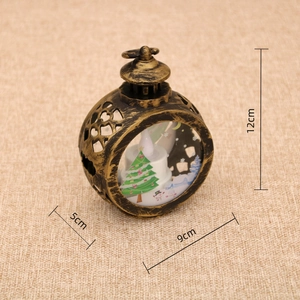 Detailed dimensions of a vintage bronze Christmas lantern with festive snowman scene