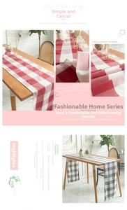 Close-up of thick plaid table runner fabric made of durable polyester and cotton blend