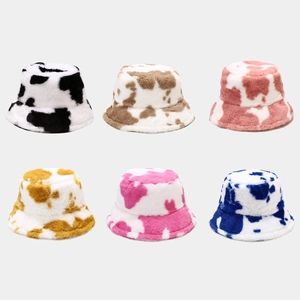 Cow Print Faux Fur Bucket Hat Winter Warm Plush Fisherman Cap Windproof Retro Outdoor Travel For Women