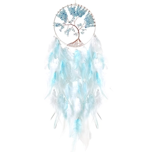 Handmade Tree of Life dream catcher with light blue crystals and soft white feathers