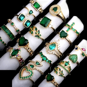 Fashion Green Zircon Open Adjustable Ring For Women Copper Gold Plated Heart Emerald Shape Vintage Jewelry Elegant