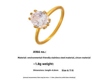 Detail view of gold-plated stainless steel ring with 8.8mm oval zircon and size specs