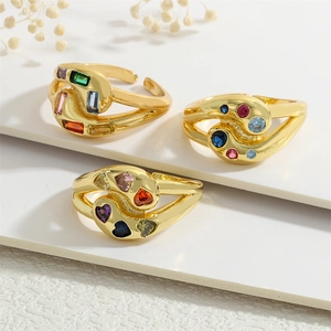 Three gold adjustable rings with square, round and heart-shaped colorful zircons