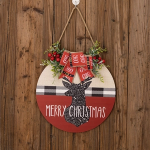 Couronne de porte de Noël ronde en bois avec nœud à carreaux et texte Merry Christmas