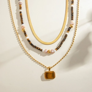 Layered Stainless Steel Necklace With Tiger's Eye And Artificial Pearl Natural Stone Pendant For Women Retro Boho Waterproof Jewelry
