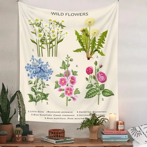 Detail of vintage floral tapestry featuring botanical wildflower sketches and text