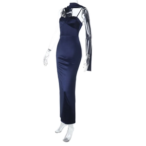 Close-up of deep blue satin evening dress with spaghetti straps and matching scarf