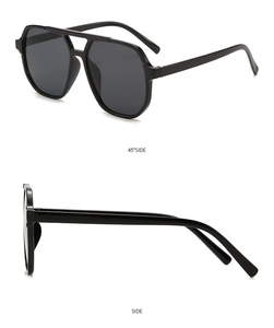 Detail view showing 45-degree and side profiles of black aviator sunglasses with dual bridge