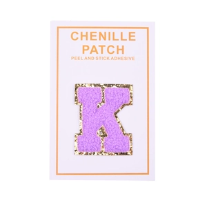 Purple chenille letter K patch with gold sequins and adhesive backing for clothing