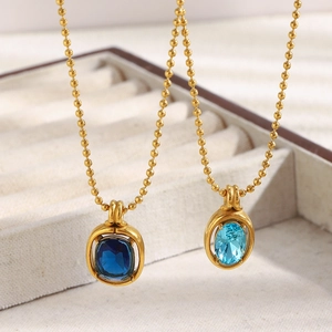 Elegant Geometric Blue Zircon Pendant Necklace For Women Stainless Steel 18K Gold Plated Bead Chain Mirror Finish Jewelry