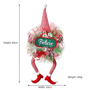 Christmas elf wreath with striped hat and believe sign, size 82x42cm for holiday decor