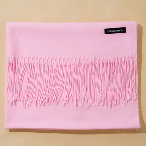 Classic light pink faux cashmere scarf with elegant long fringes and woven label