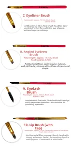Detailansicht der roten und goldenen Make-up-Pinsel mit Augenbrauen- und Lippenborsten