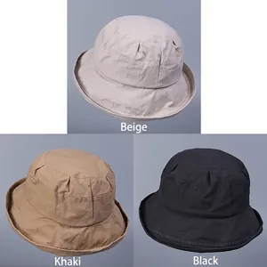 Breathable washed cotton bucket hats for women in beige, khaki, and black colors