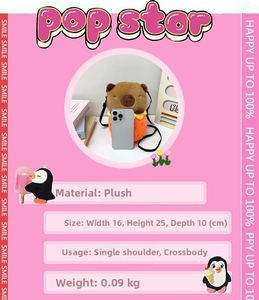 Detail view of plush Capybara crossbody bag with soft fabric texture and strap info